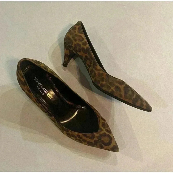 YSL Yves Saint Laurent Leopard Kitten Heels Pumps 36.5 6.5 Charlotte Black Tan - Picture 2 of 13